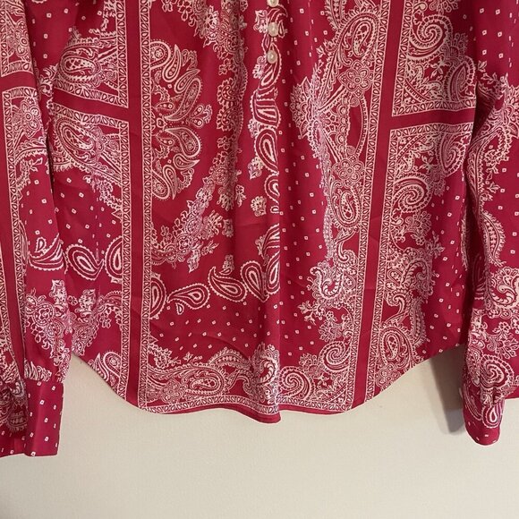 Ann Taylor Women S Pink Bandana Paisley Long Sleeve Lightweight Popover Blouse - Picture 2 of 9